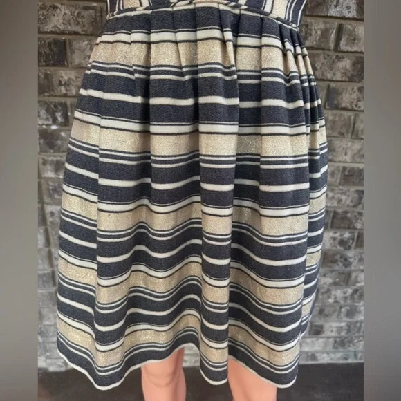 J.Crew Navy Gold Metallic Stripe Fit and Flare Party Dress Size 8 - Picture 3 of 6
